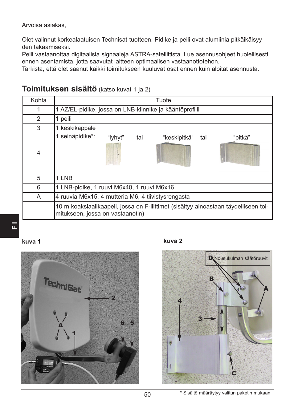 Toimituksen sisältö | TechniSat SATMAN 45 Mounting instruction User Manual | Page 50 / 84