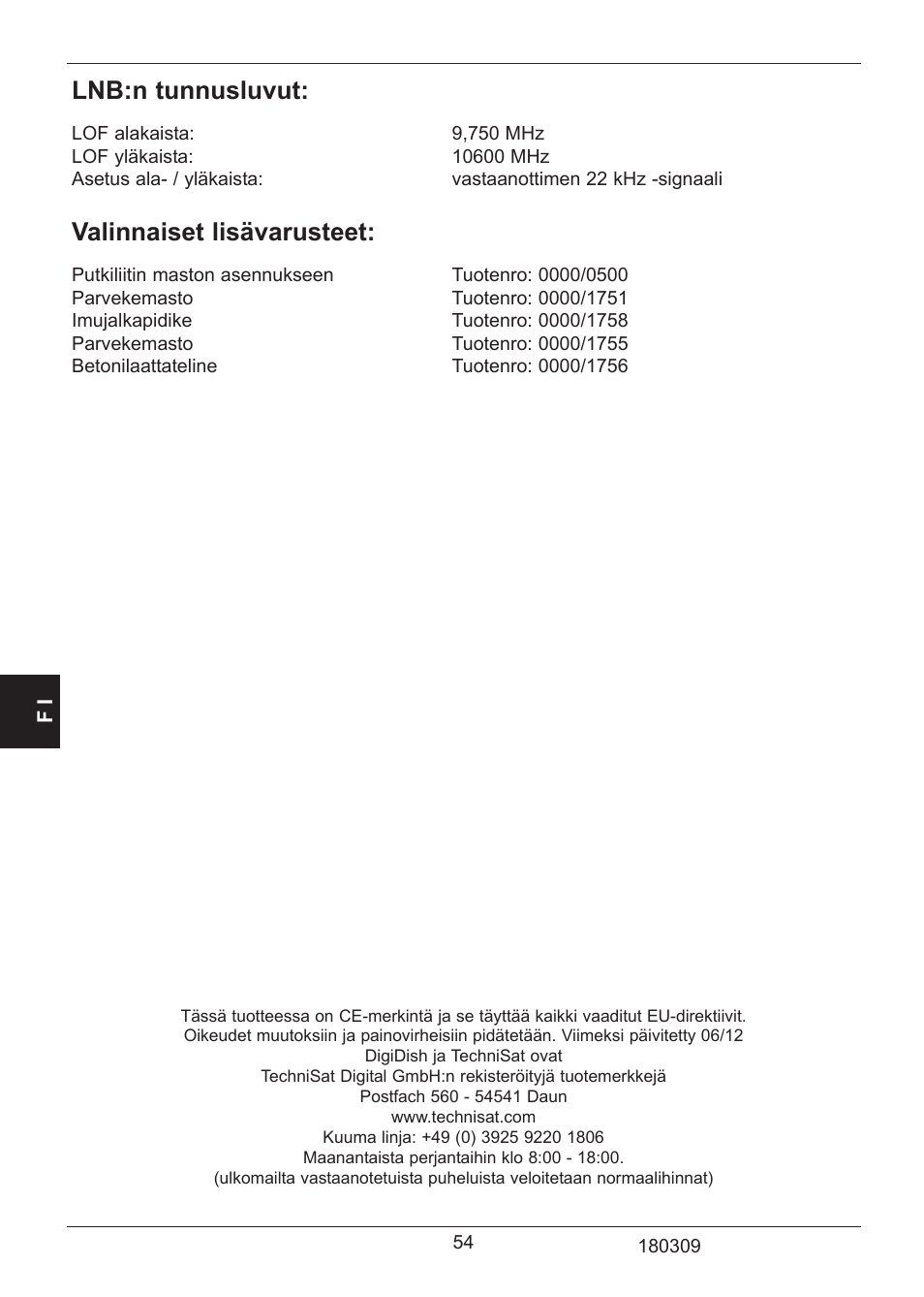 Lnb:n tunnusluvut, Valinnaiset lisävarusteet | TechniSat SATMAN 45 Mounting instruction User Manual | Page 54 / 84