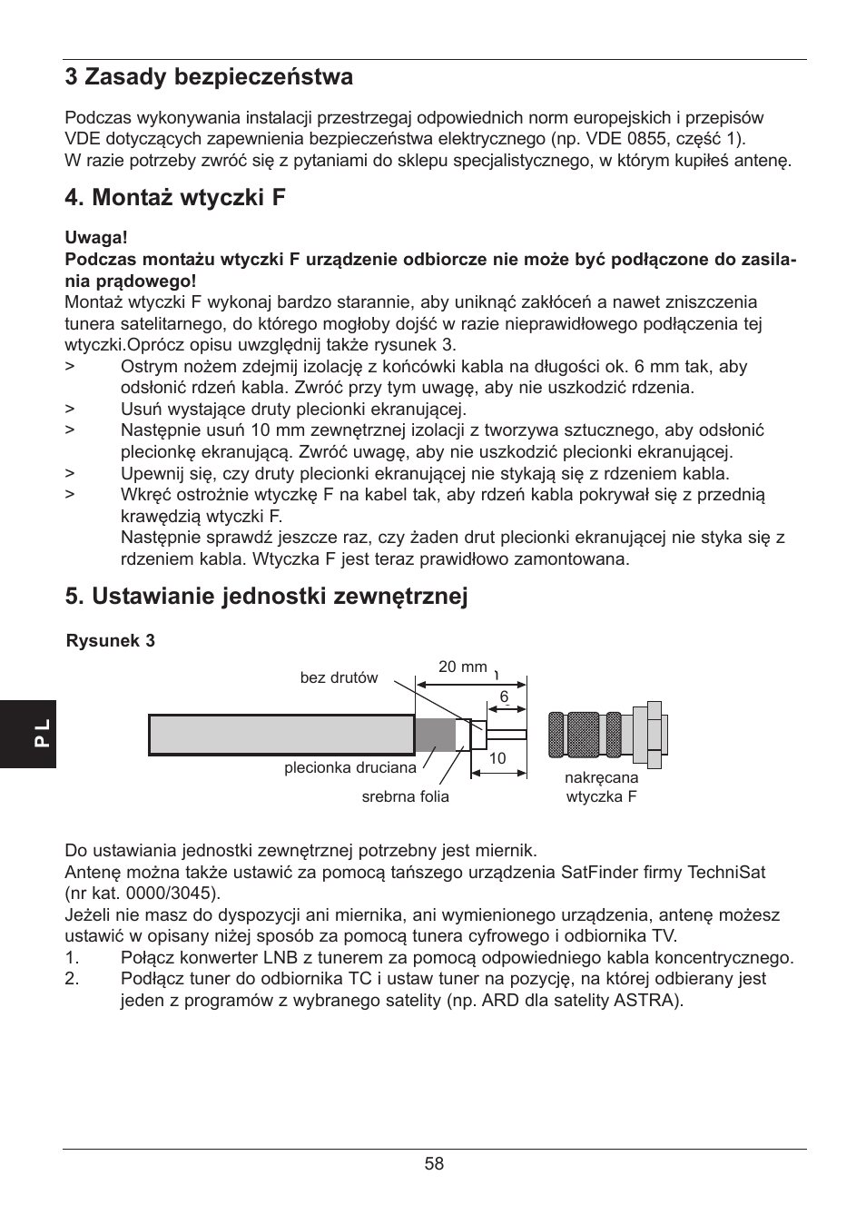 3 zasady bezpieczeństwa, Montaż wtyczki f, Ustawianie jednostki zewnętrznej | TechniSat SATMAN 45 Mounting instruction User Manual | Page 58 / 84