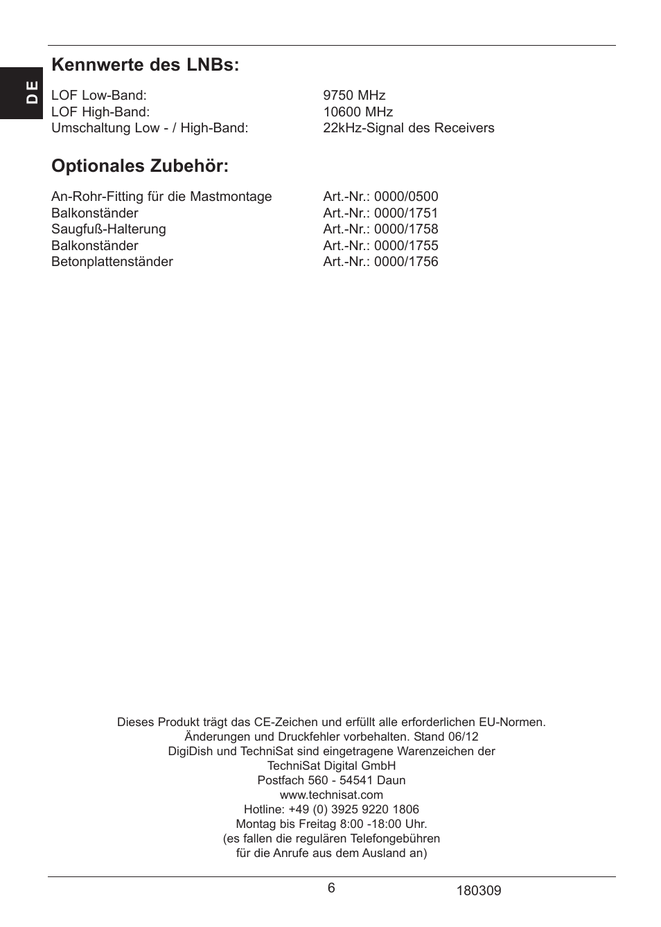 Kennwerte des lnbs, Optionales zubehör | TechniSat SATMAN 45 Mounting instruction User Manual | Page 6 / 84