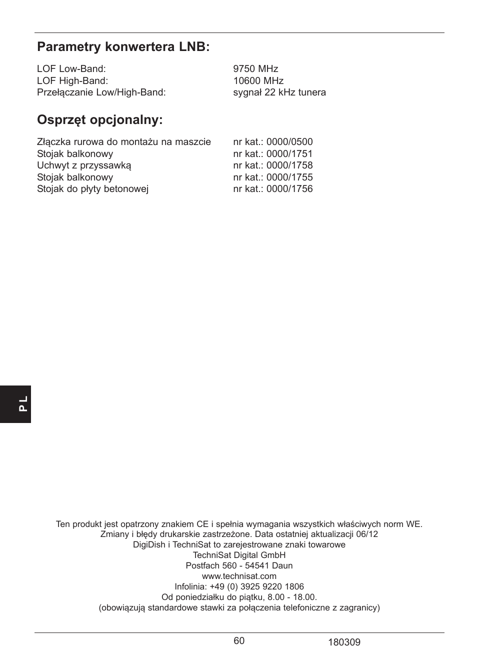 Parametry konwertera lnb, Osprzęt opcjonalny | TechniSat SATMAN 45 Mounting instruction User Manual | Page 60 / 84