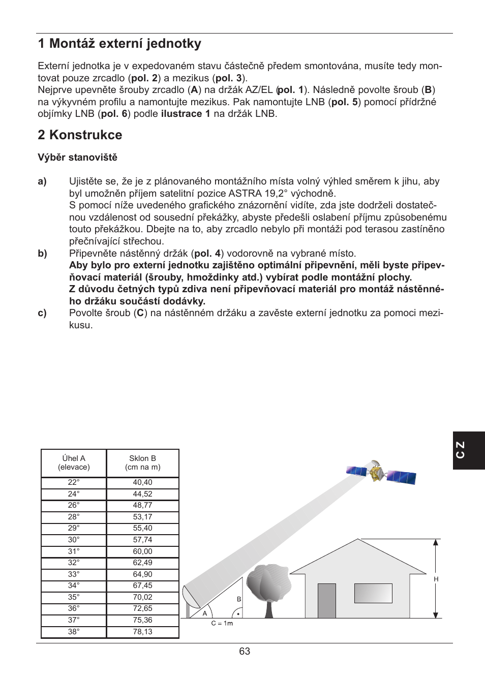 1 montáž externí jednotky, 2 konstrukce | TechniSat SATMAN 45 Mounting instruction User Manual | Page 63 / 84