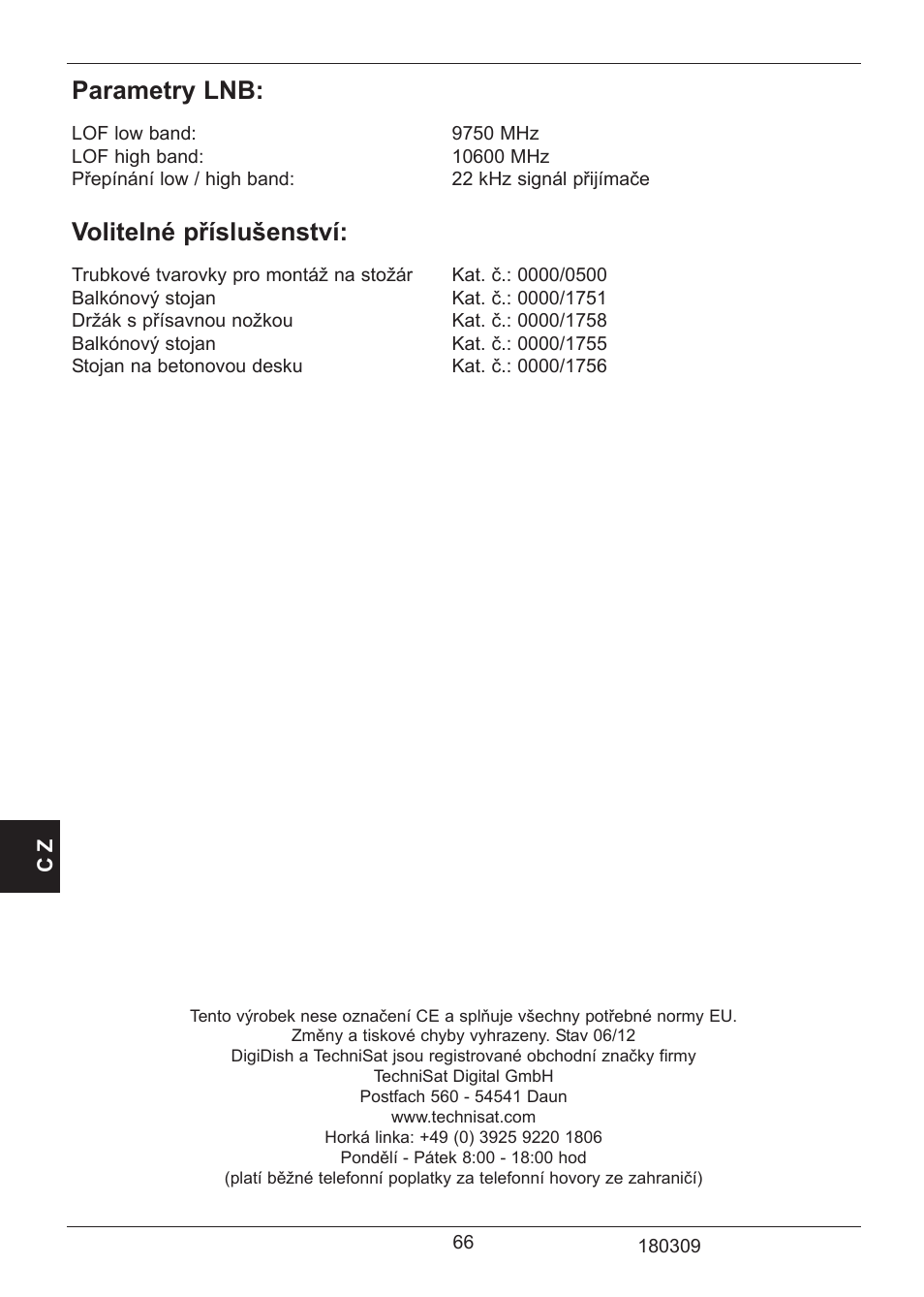 Parametry lnb, Volitelné příslušenství | TechniSat SATMAN 45 Mounting instruction User Manual | Page 66 / 84