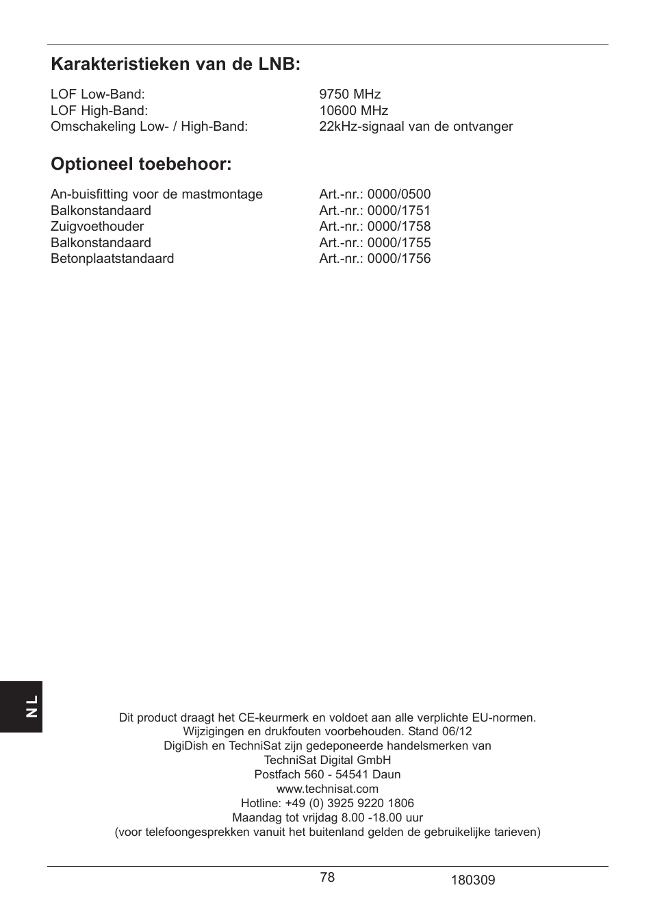 Karakteristieken van de lnb, Optioneel toebehoor | TechniSat SATMAN 45 Mounting instruction User Manual | Page 78 / 84