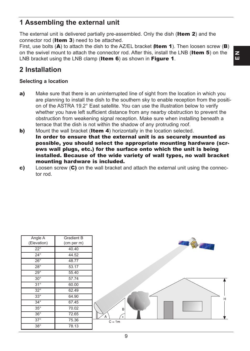 1 assembling the external unit, 2 installation | TechniSat SATMAN 45 Mounting instruction User Manual | Page 9 / 84