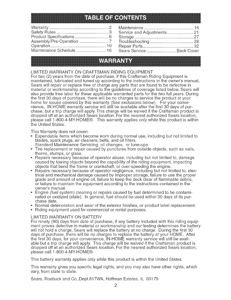 Warrant | Craftsman 917.273638 User Manual | Page 2 / 56