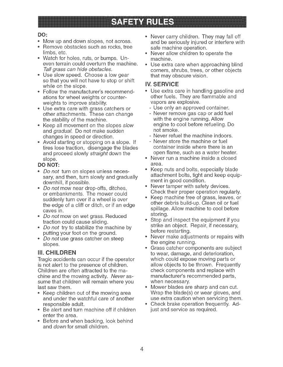 Ill. children, Iv. service, Safety rule | Craftsman 917.273638 User Manual | Page 4 / 56