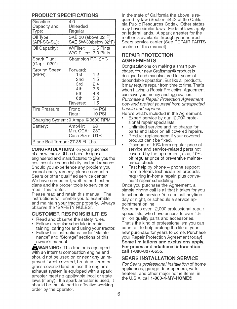 Product specifications, Customer responsibilities, Repair protection agreements | Craftsman 917.273638 User Manual | Page 6 / 56