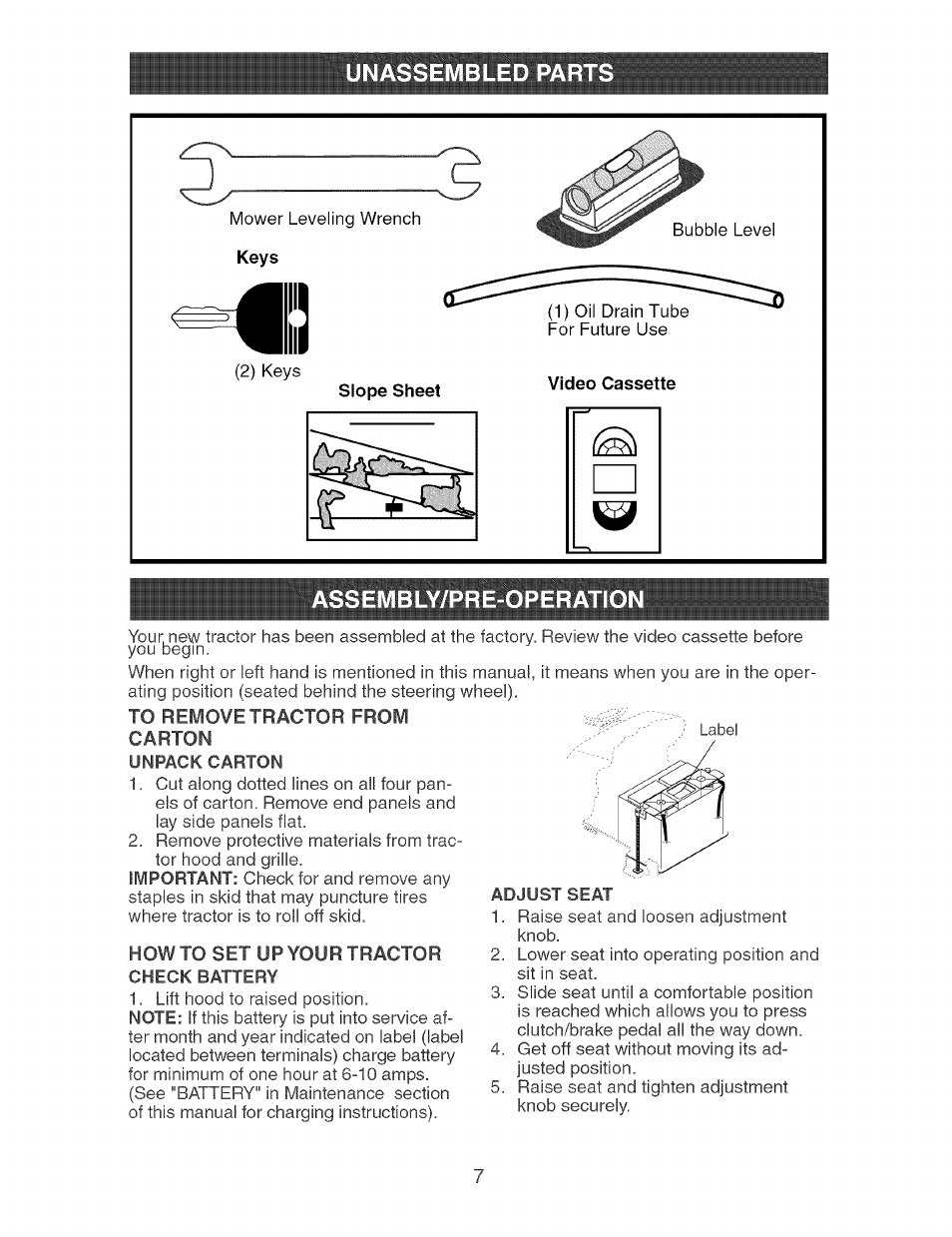 Unassembled part, How to set up your tractor | Craftsman 917.273638 User Manual | Page 7 / 56