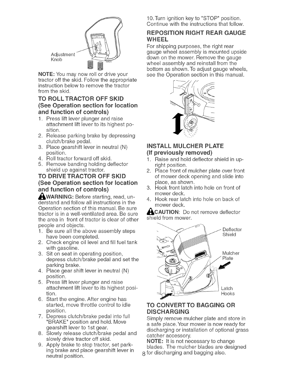 Reposition right rear gauge wheel, Install mulcher plate (if previously removed), Discharging | Craftsman 917.273638 User Manual | Page 8 / 56