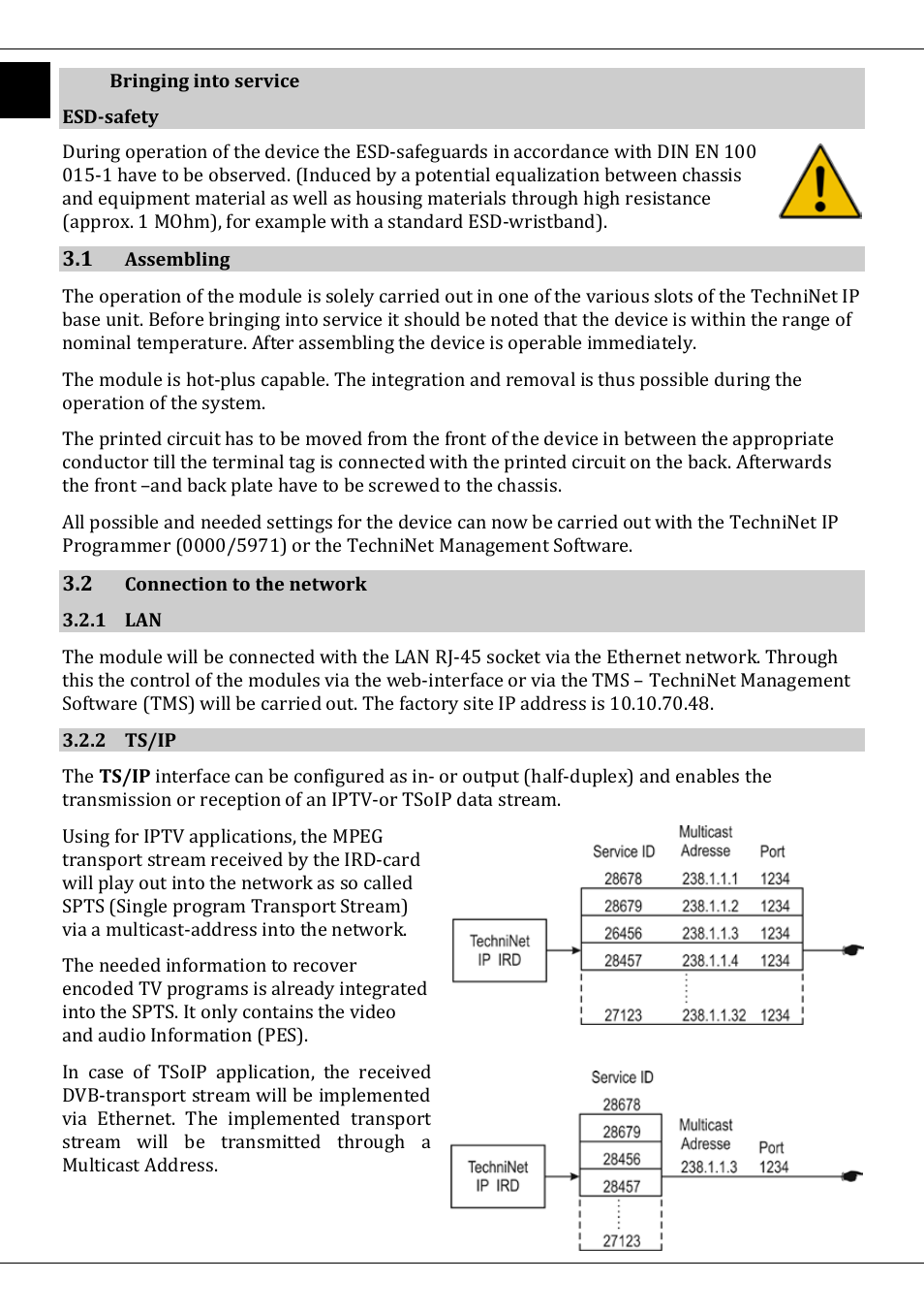 3 bringing into service, 1 assembling, 2 connection to the network | 1 lan, 2 ts/ip | TechniSat DVB-T/IP IRD User Manual | Page 8 / 57