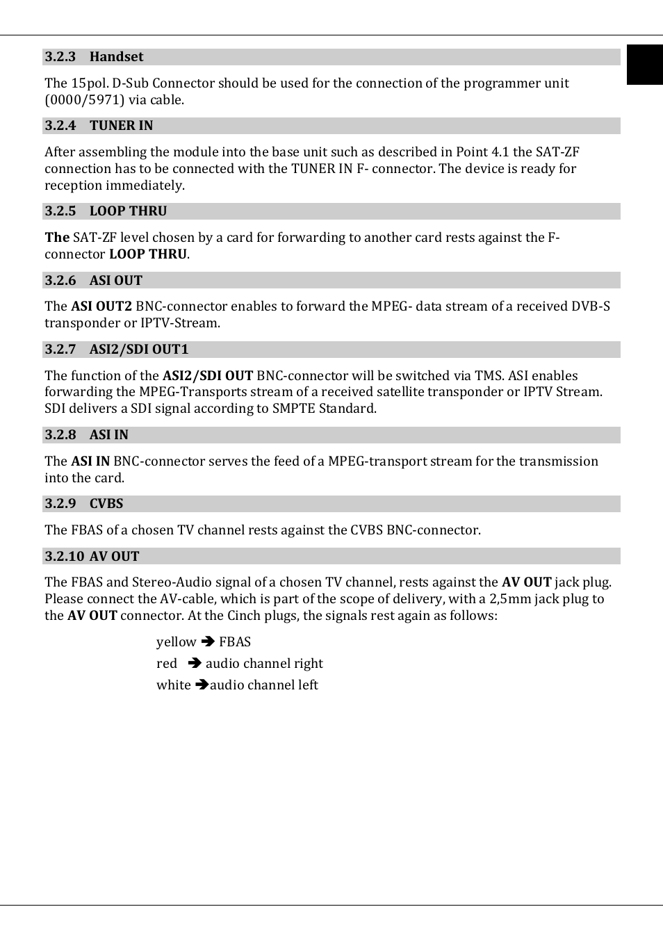 3 handset, 4 tuner in, 5 loop thru | 6 asi out, 7 asi2/sdi out1, 8 asi in, 9 cvbs, 10 av out | TechniSat DVB-T/IP IRD User Manual | Page 9 / 57