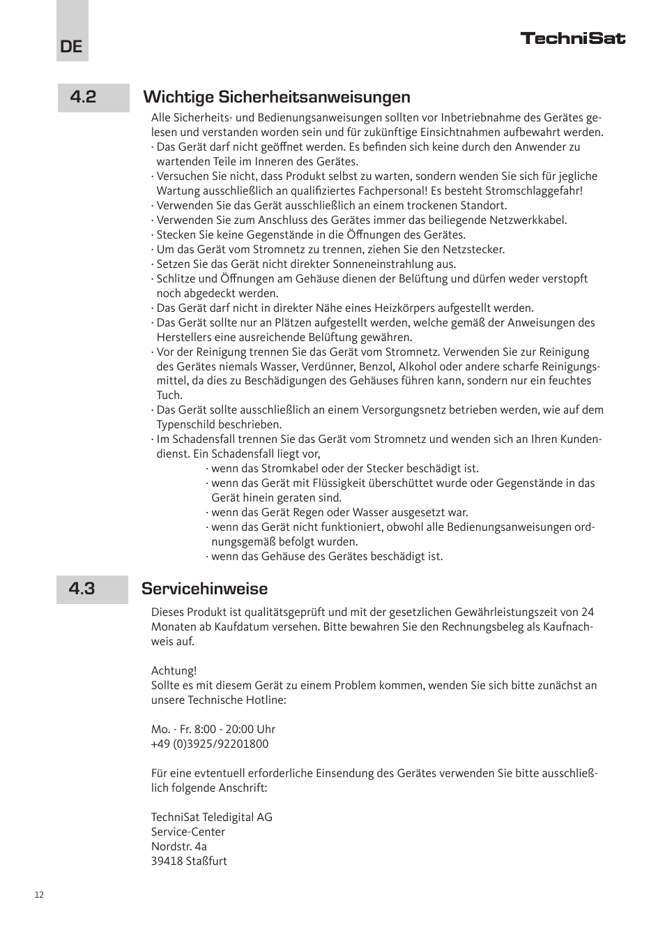 De 4.2 wichtige sicherheitsanweisungen, 3 servicehinweise | TechniSat PowerLine Webcast 2 User Manual | Page 12 / 40