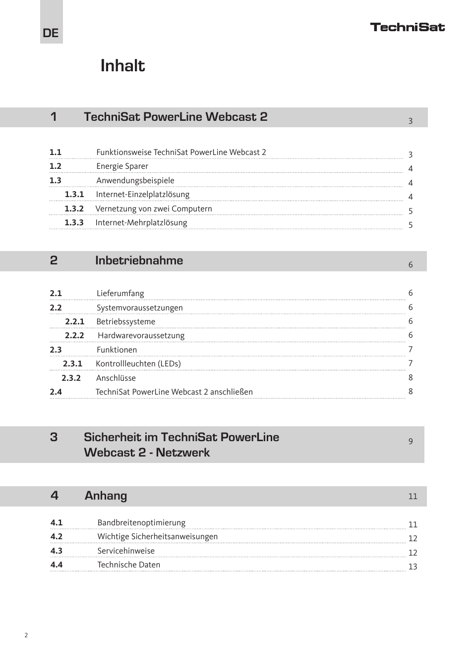 Inhalt | TechniSat PowerLine Webcast 2 User Manual | Page 2 / 40