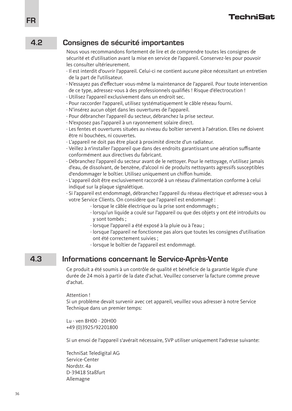 Fr 4.2 consignes de sécurité importantes, 3 informations concernant le service-après-vente | TechniSat PowerLine Webcast 2 User Manual | Page 36 / 40