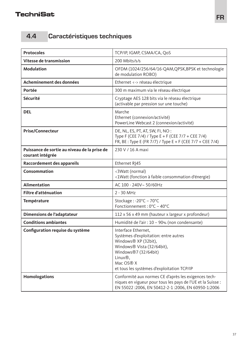 Fr 4.4 caractéristiques techniques | TechniSat PowerLine Webcast 2 User Manual | Page 37 / 40