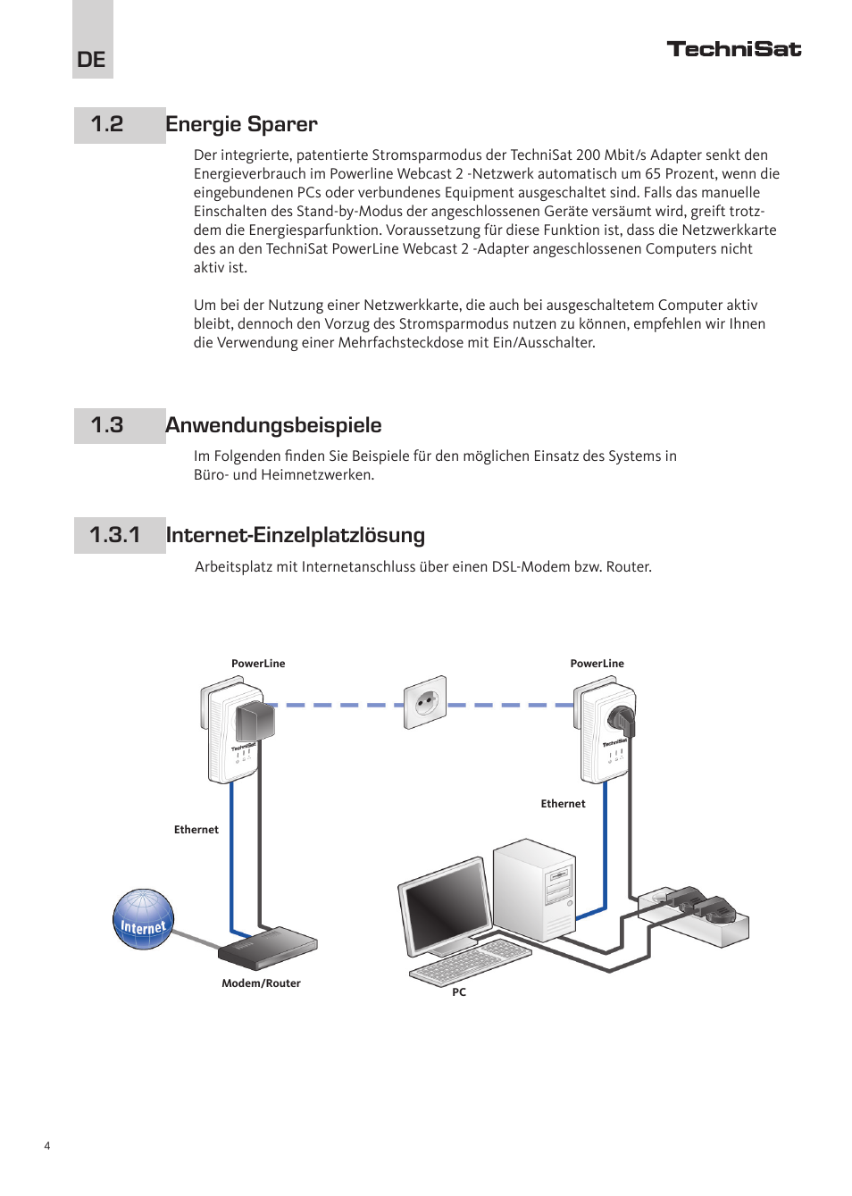 De 1.2 energie sparer | TechniSat PowerLine Webcast 2 User Manual | Page 4 / 40