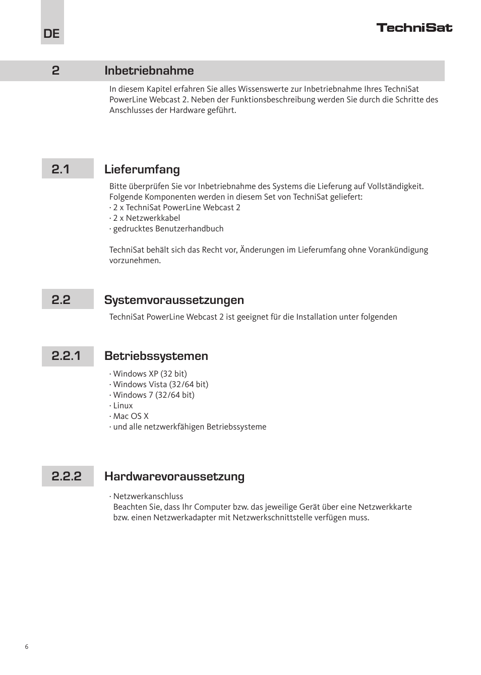 De 2 inbetriebnahme | TechniSat PowerLine Webcast 2 User Manual | Page 6 / 40