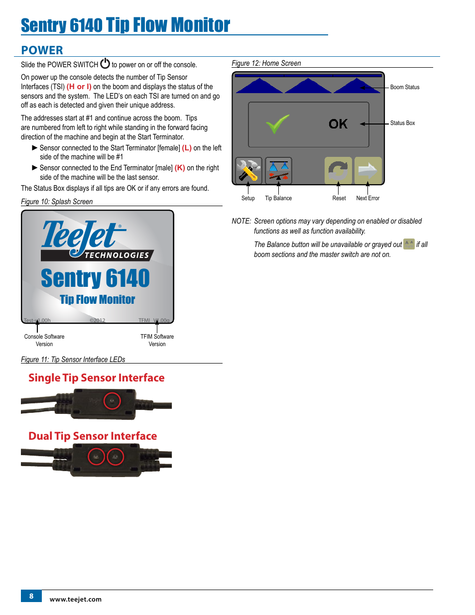 Power, Power 8, Tip flow monitor | Sentry 6140 | TeeJet Sentry 6140 User Manual | Page 10 / 16