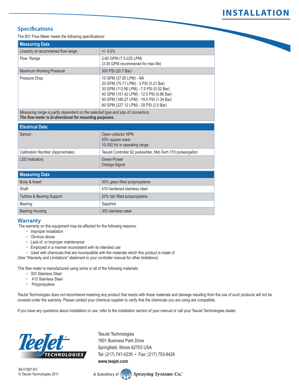 Installation, Specifications, Warranty | TeeJet 801 flowmeter User Manual | Page 2 / 2