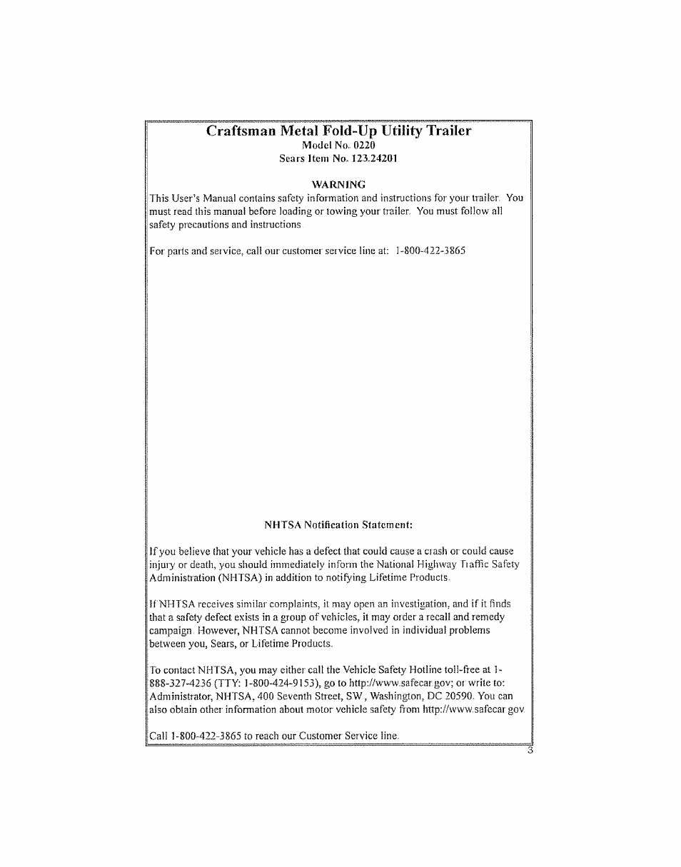 Craftsman metal fold-up utility trailer | Craftsman 123.24201 User Manual | Page 3 / 56