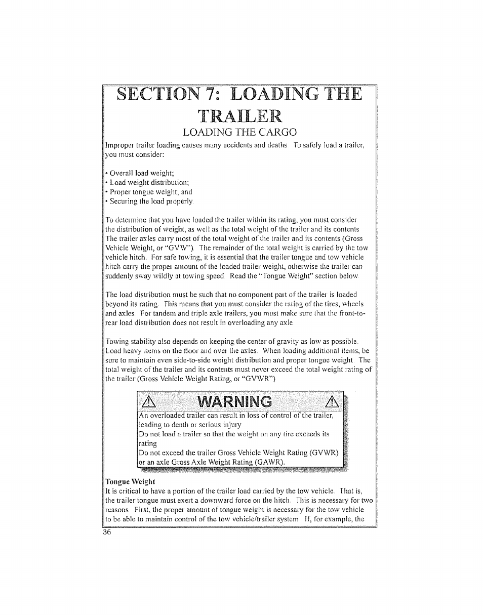 Warning, Loading the cargo | Craftsman 123.24201 User Manual | Page 36 / 56