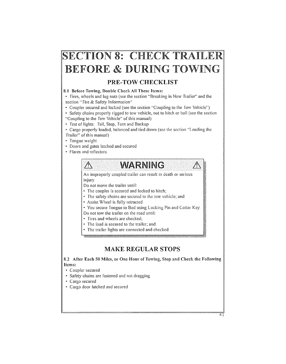 Ection 8: check trailer before & during towing, Awarning, Pre-tow checklist | Make regular stops | Craftsman 123.24201 User Manual | Page 41 / 56