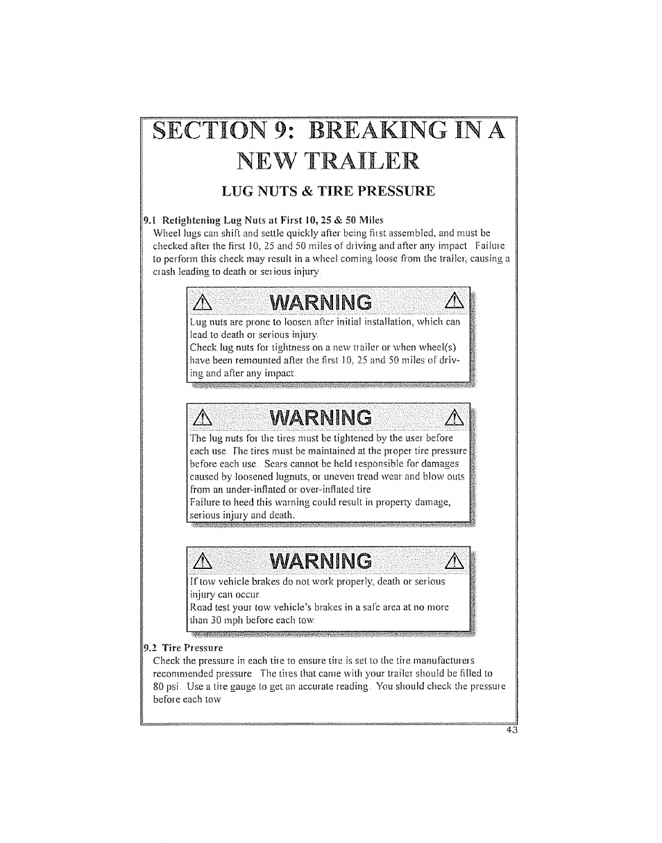 New trailer, Warning | Craftsman 123.24201 User Manual | Page 43 / 56