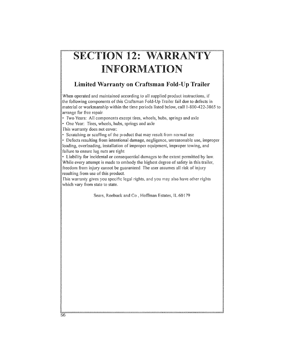 Section 12:‘warranty, Information, Limited warranty on craftsman fold»up trailer | Craftsman 123.24201 User Manual | Page 56 / 56