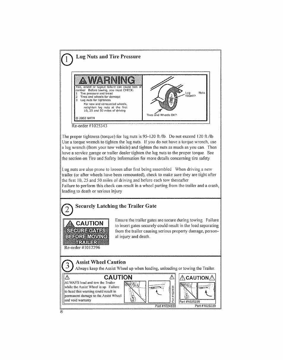 Awarnimg, A|a caution a, Lug nuts and tire pressure | Securely latching the trailer gate, Assist wheel caution | Craftsman 123.24201 User Manual | Page 8 / 56