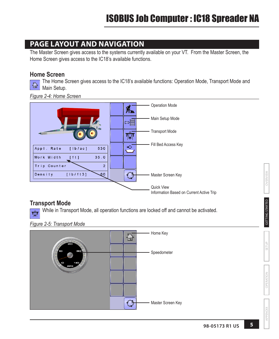 Home screen, Transport mode, Isobus job computer : ic18 spreader na | Page layout and navigation | TeeJet IC18 SPREADER JOB COMPUTER User Manual | Page 10 / 47