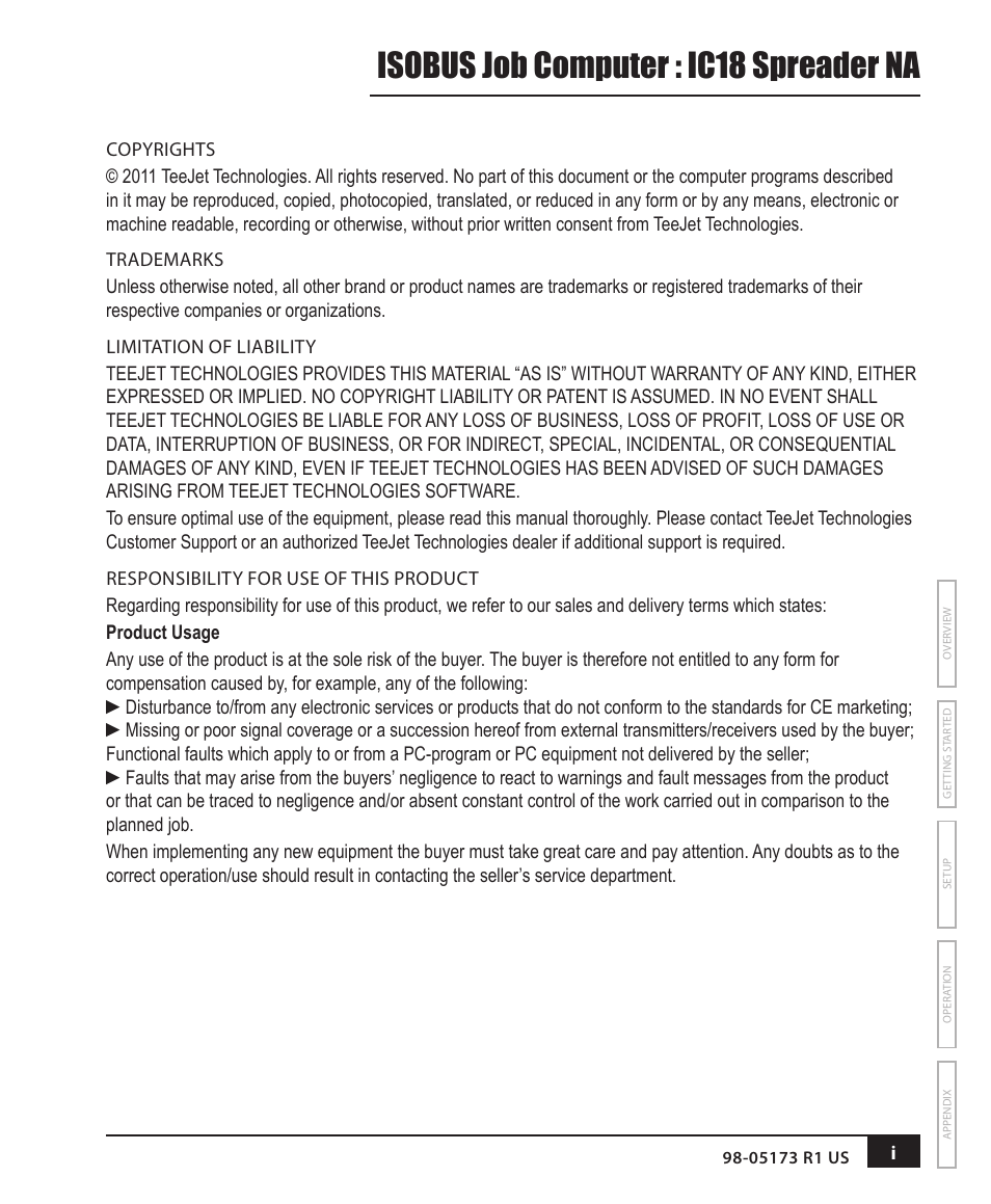 Isobus job computer : ic18 spreader na | TeeJet IC18 SPREADER JOB COMPUTER User Manual | Page 2 / 47