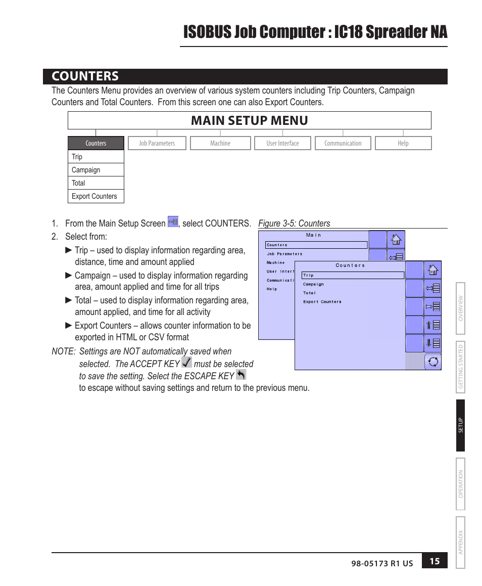 Counters, Counters 15, Isobus job computer : ic18 spreader na | Main setup menu | TeeJet IC18 SPREADER JOB COMPUTER User Manual | Page 20 / 47