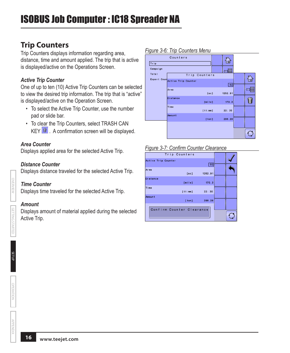 Trip counters, Active trip counter, Area counter | Distance counter, Time counter, Amount, Isobus job computer : ic18 spreader na | TeeJet IC18 SPREADER JOB COMPUTER User Manual | Page 21 / 47