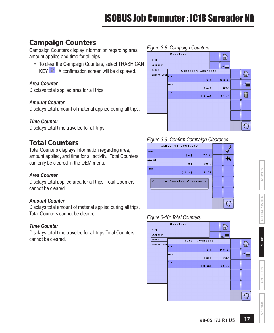 Campaign counters, Area counter, Amount counter | Time counter, Total counters, Isobus job computer : ic18 spreader na | TeeJet IC18 SPREADER JOB COMPUTER User Manual | Page 22 / 47