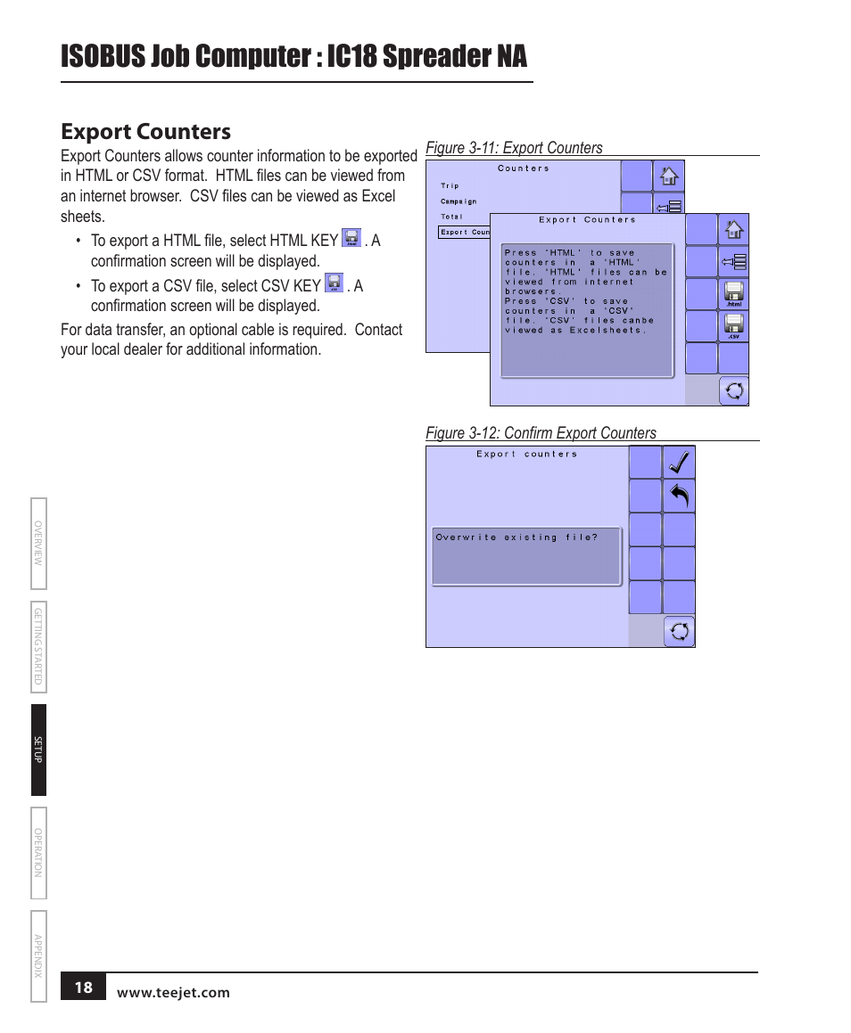 Export counters, Isobus job computer : ic18 spreader na | TeeJet IC18 SPREADER JOB COMPUTER User Manual | Page 23 / 47