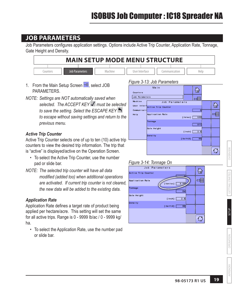 Job parameters, Active trip counter, Application rate | Isobus job computer : ic18 spreader na, Main setup mode menu structure | TeeJet IC18 SPREADER JOB COMPUTER User Manual | Page 24 / 47