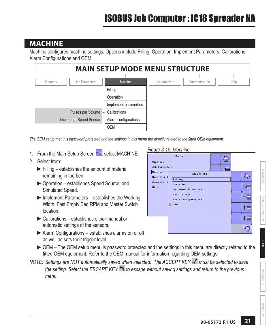 Machine, Machine 21, Isobus job computer : ic18 spreader na | Main setup mode menu structure | TeeJet IC18 SPREADER JOB COMPUTER User Manual | Page 26 / 47