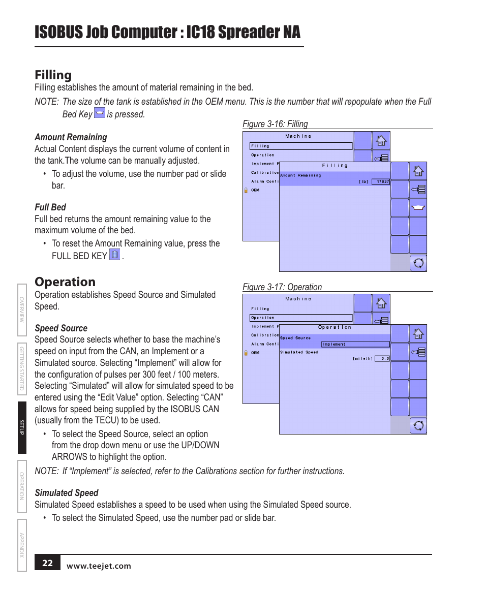 Filling, Amount remaining, Full bed | Operation, Speed source, Simulated speed, Isobus job computer : ic18 spreader na | TeeJet IC18 SPREADER JOB COMPUTER User Manual | Page 27 / 47