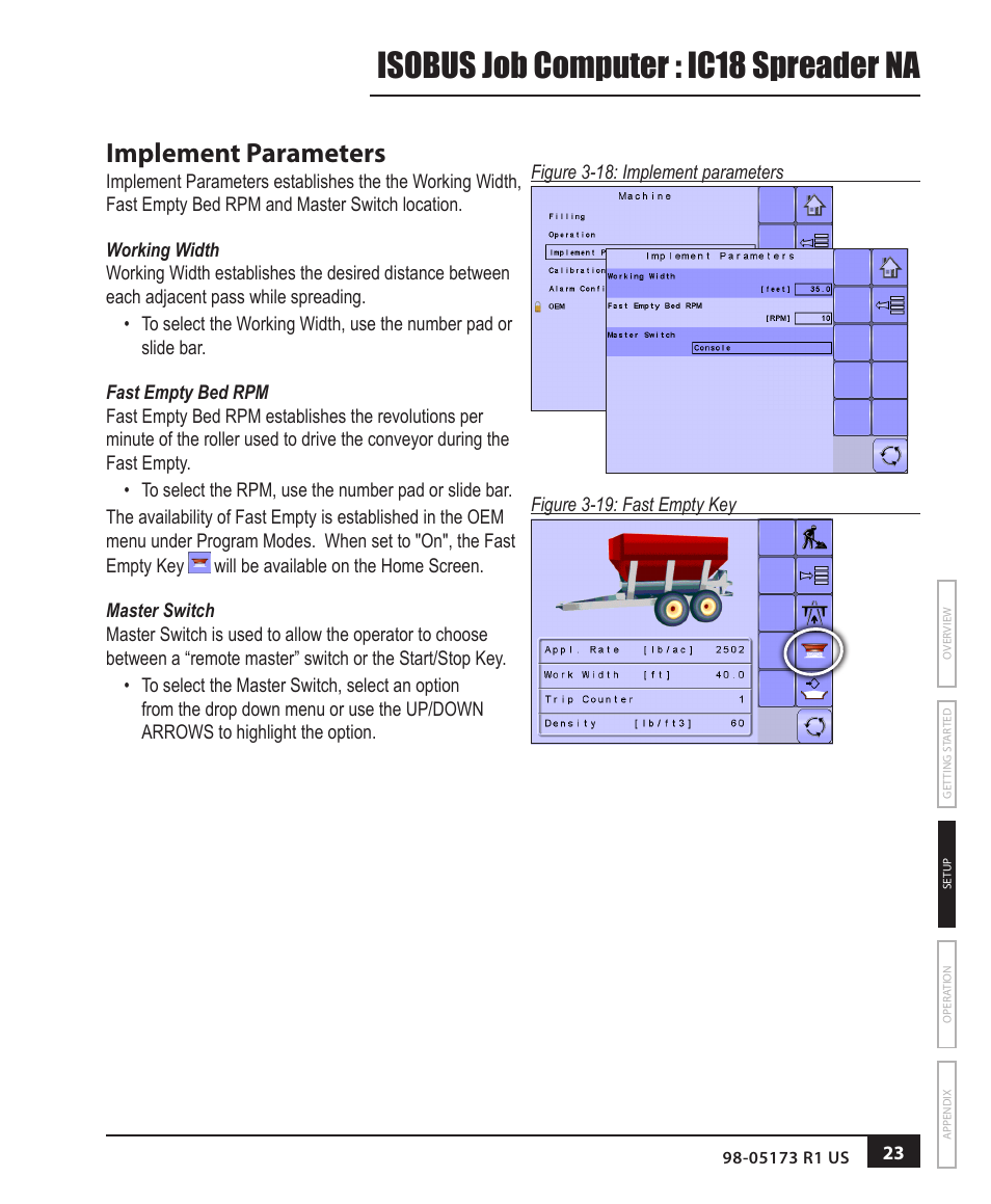 Implement parameters, Working width, Fast empty bed rpm | Master switch, Isobus job computer : ic18 spreader na | TeeJet IC18 SPREADER JOB COMPUTER User Manual | Page 28 / 47