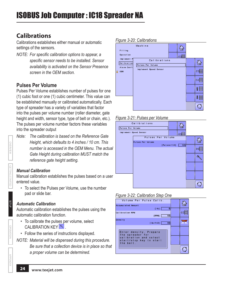 Calibrations, Pulses per volume, Manual calibration | Automatic calibration, Isobus job computer : ic18 spreader na | TeeJet IC18 SPREADER JOB COMPUTER User Manual | Page 29 / 47