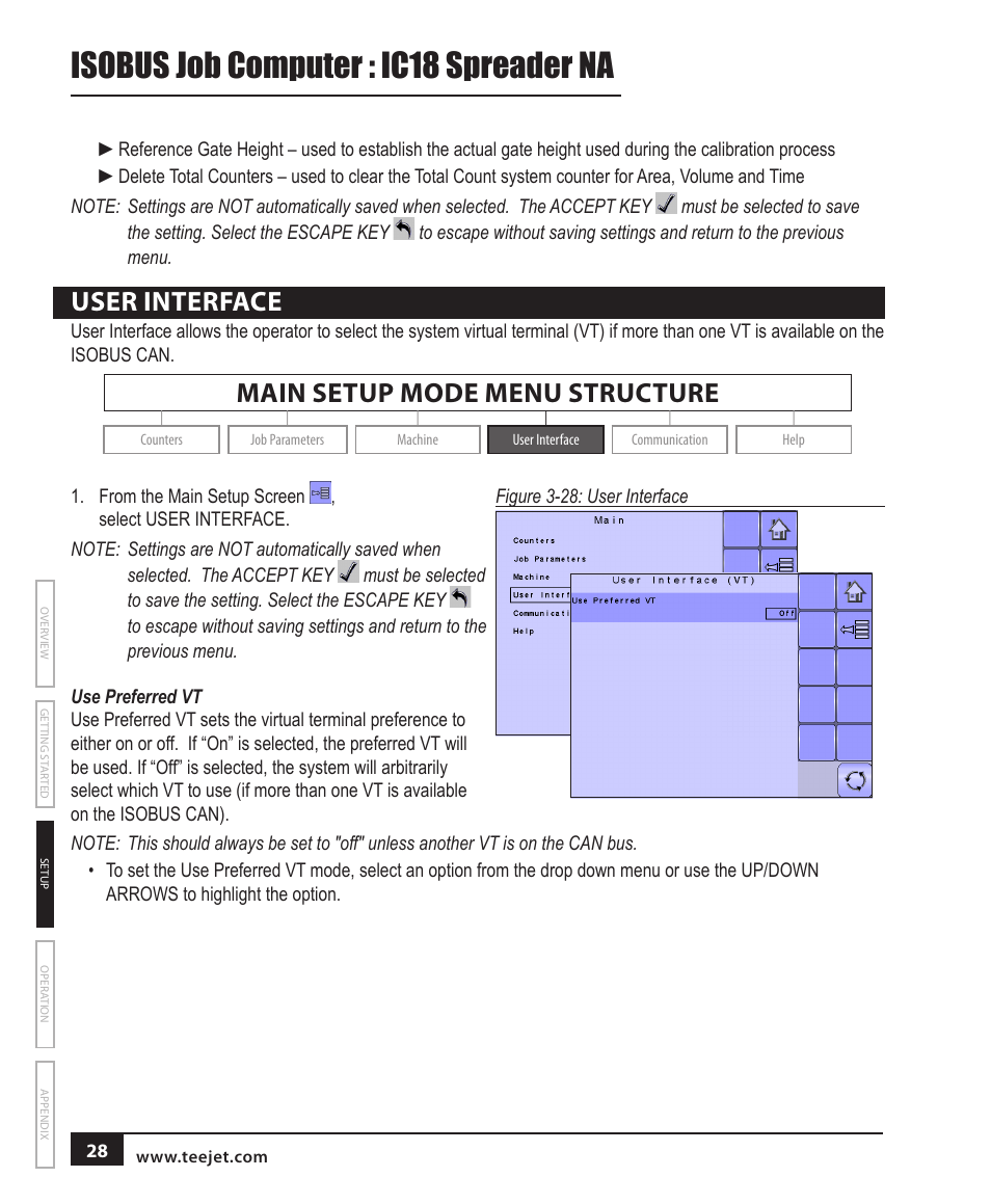 User interface, Use preferred vt, Isobus job computer : ic18 spreader na | Main setup mode menu structure | TeeJet IC18 SPREADER JOB COMPUTER User Manual | Page 33 / 47