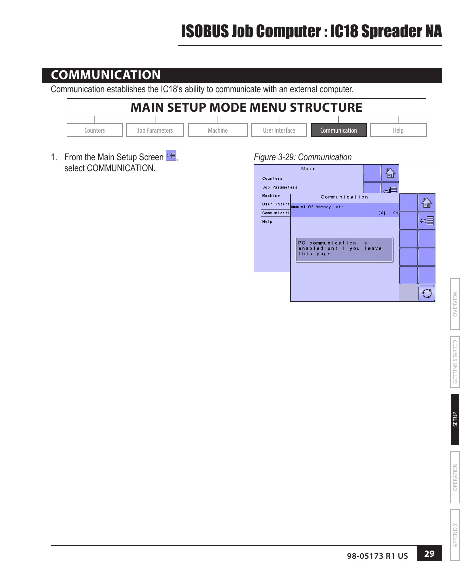 Communication, Communication 29, Isobus job computer : ic18 spreader na | Main setup mode menu structure | TeeJet IC18 SPREADER JOB COMPUTER User Manual | Page 34 / 47