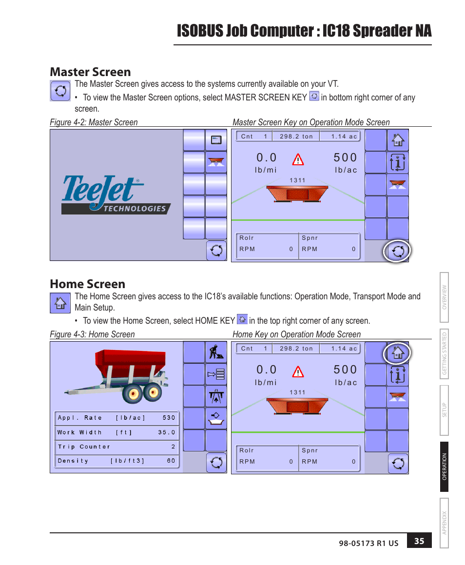 Master screen, Home screen, Isobus job computer : ic18 spreader na | TeeJet IC18 SPREADER JOB COMPUTER User Manual | Page 40 / 47