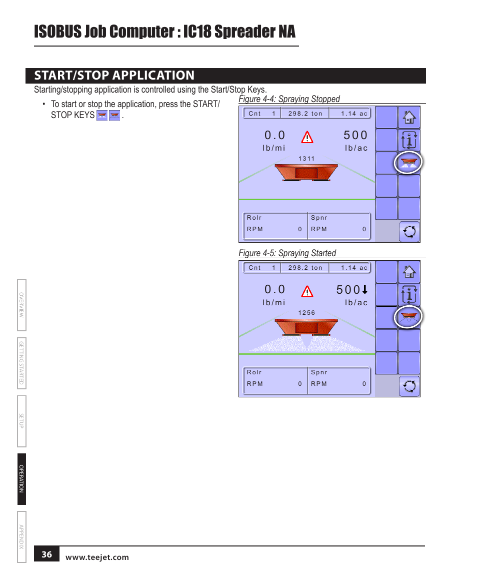 Start/stop application, Isobus job computer : ic18 spreader na | TeeJet IC18 SPREADER JOB COMPUTER User Manual | Page 41 / 47