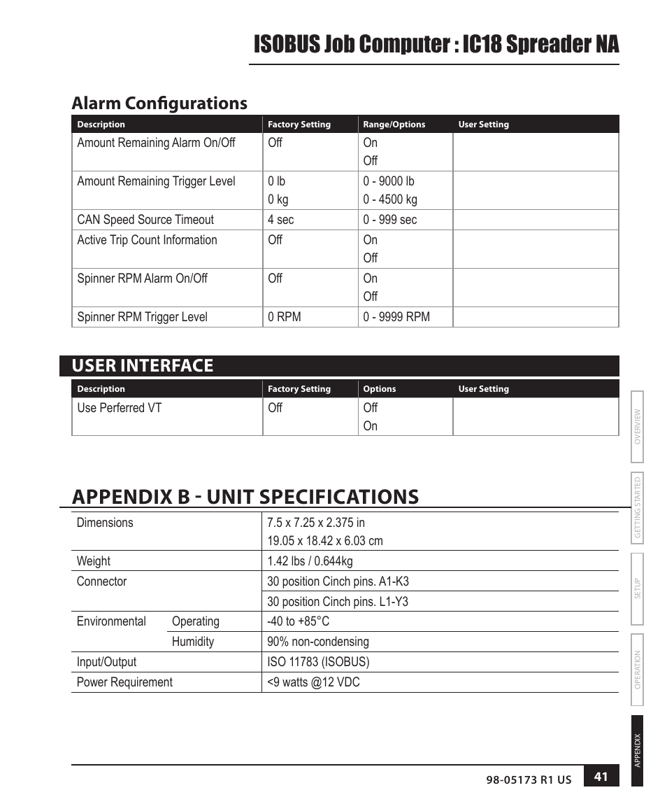 Appendix b - unit specifications, Isobus job computer : ic18 spreader na, Alarm configurations | User interface | TeeJet IC18 SPREADER JOB COMPUTER User Manual | Page 46 / 47