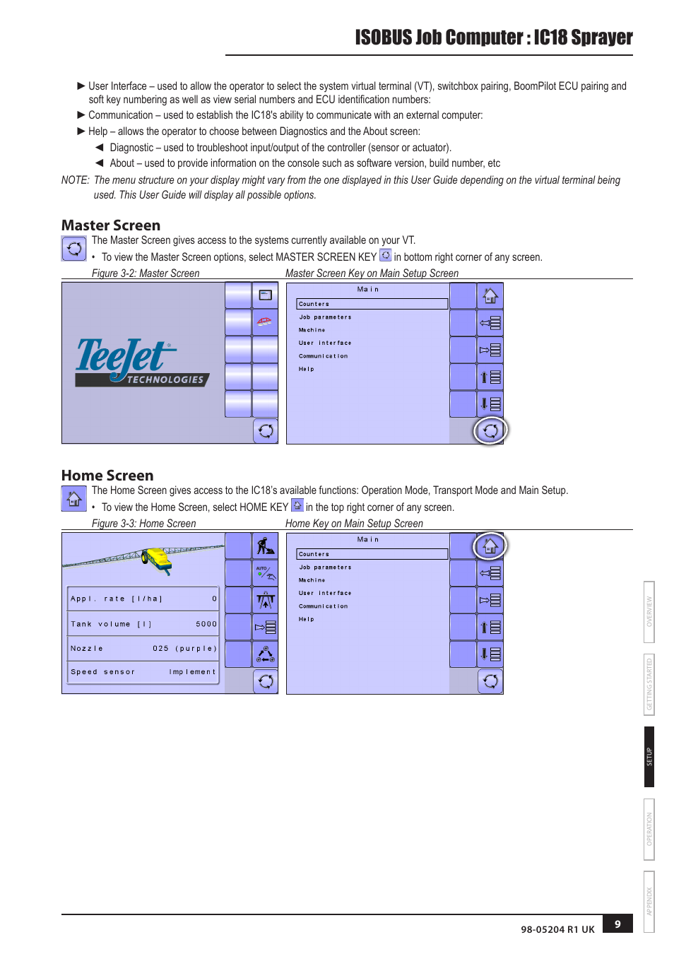Isobus job computer : ic18 sprayer, Master screen, Home screen | TeeJet IC18 SPRAYER JOB COMPUTER User Manual | Page 14 / 43