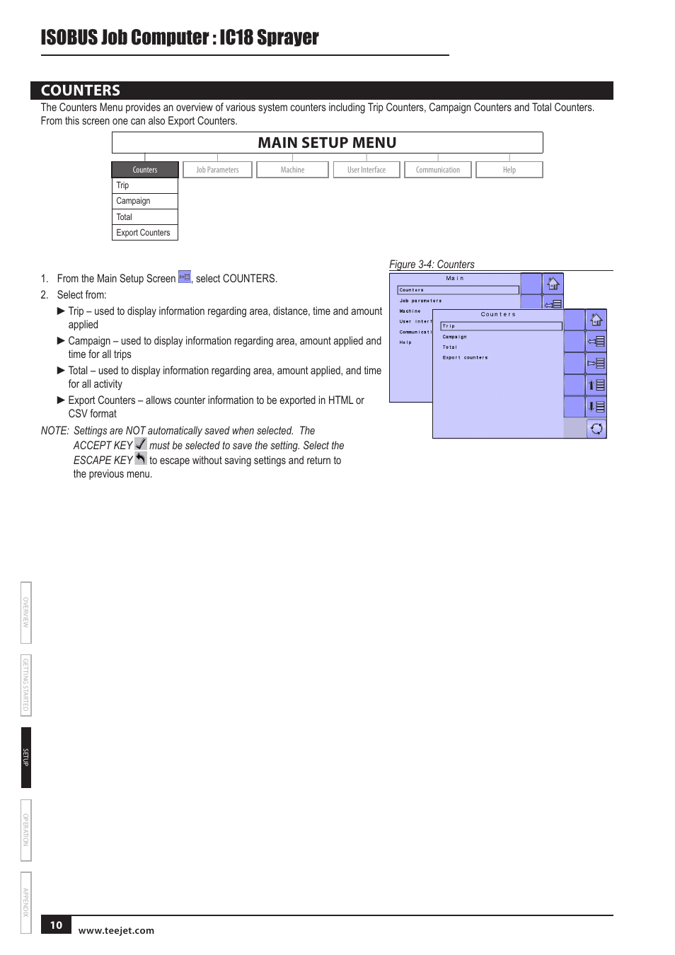 Isobus job computer : ic18 sprayer, Counters, Main setup menu | TeeJet IC18 SPRAYER JOB COMPUTER User Manual | Page 15 / 43