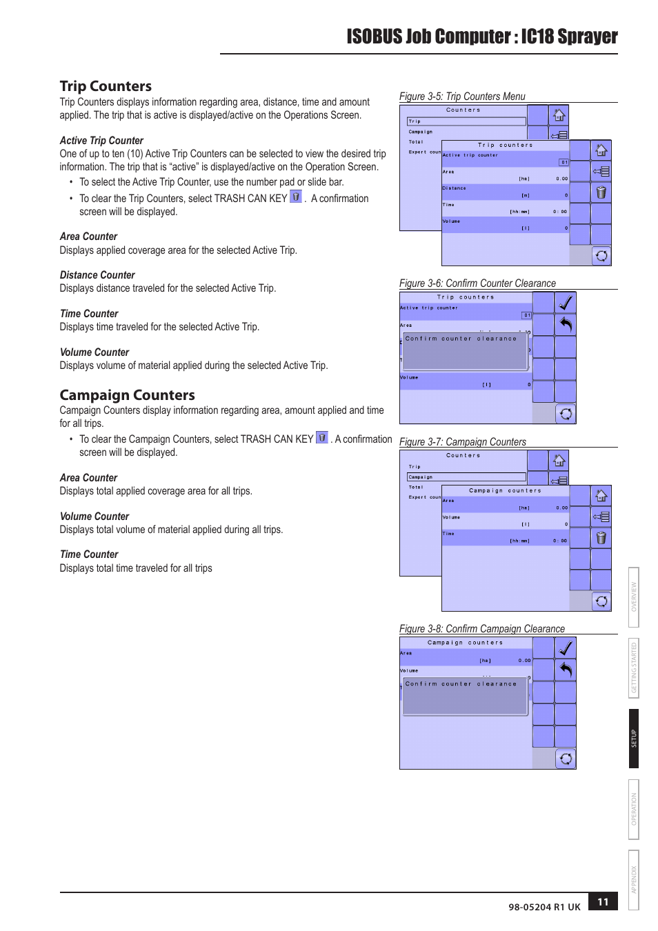 Isobus job computer : ic18 sprayer, Trip counters, Campaign counters | TeeJet IC18 SPRAYER JOB COMPUTER User Manual | Page 16 / 43