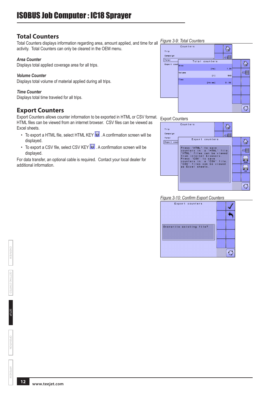 Isobus job computer : ic18 sprayer, Total counters, Export counters | TeeJet IC18 SPRAYER JOB COMPUTER User Manual | Page 17 / 43